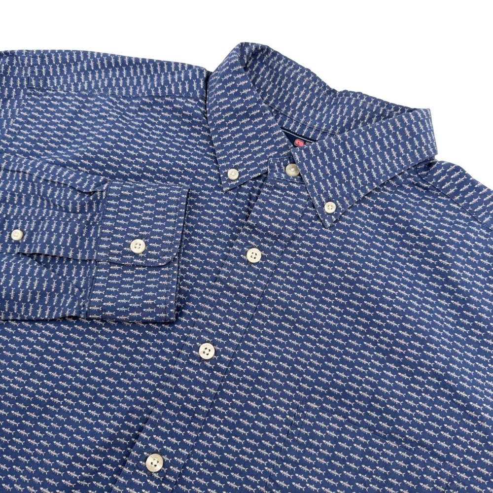 Vineyard Vines Murray Shirt Men XL Blue Geometric Fish Bones Cotton Slim Fit L/S